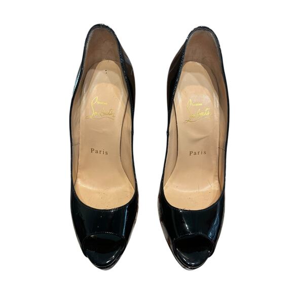 Christian Louboutin Black Patent Leather Lady Peep Stiletto Heels 37.5 / US 7.5 - Picture 13 of 16